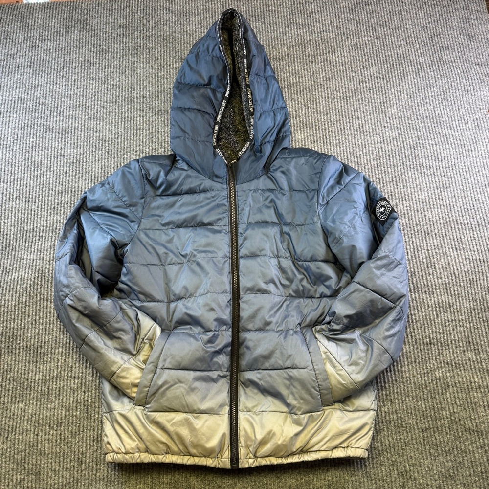 Abercrombie Kids Puffer Jacket 15/16 Blue Silver Ombre Faux Fur Lined Polyester